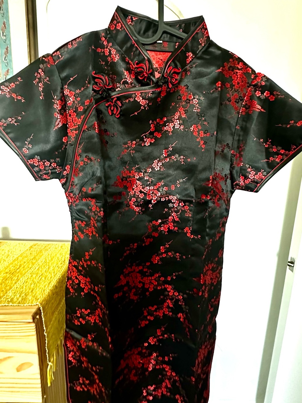 Black Silk Cheongsam Dress with Red Floral Embroidery